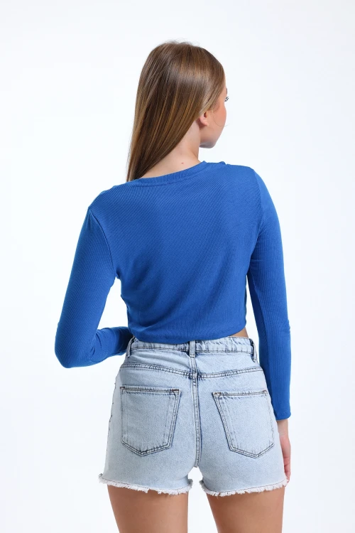 Omzu Kesik Detaylı Uzun Kollu Bisiklet Yaka Crop Bluz UNIT-U-16