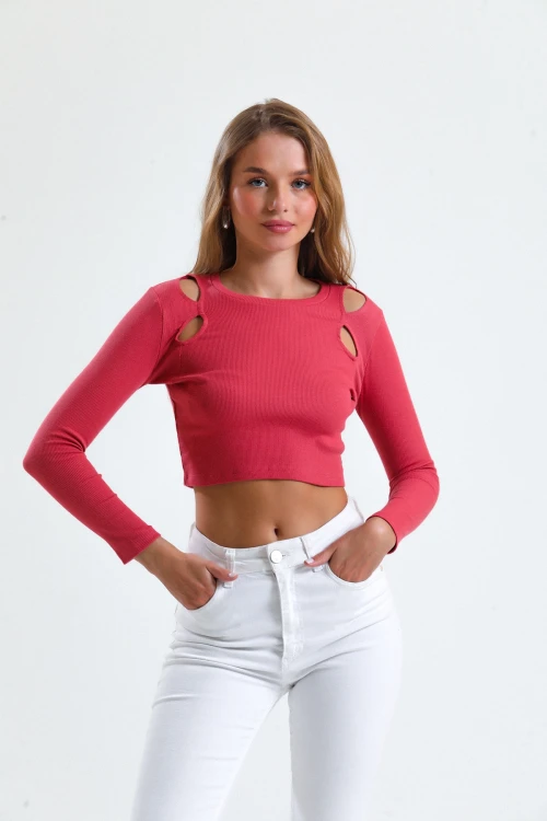 Omuz Dekolte Detaylı Uzun Kollu Bisiklet Yaka Triko Crop Bluz UNIT-U-16