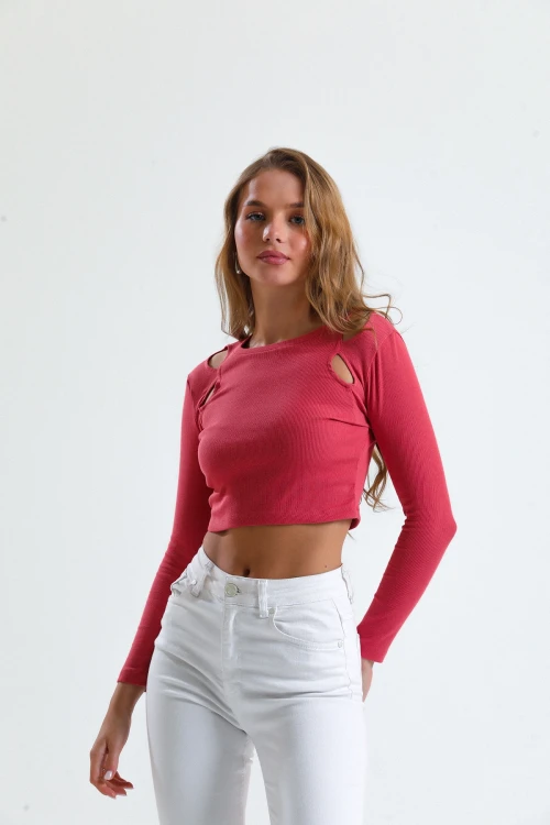Omuz Dekolte Detaylı Uzun Kollu Bisiklet Yaka Triko Crop Bluz UNIT-U-16