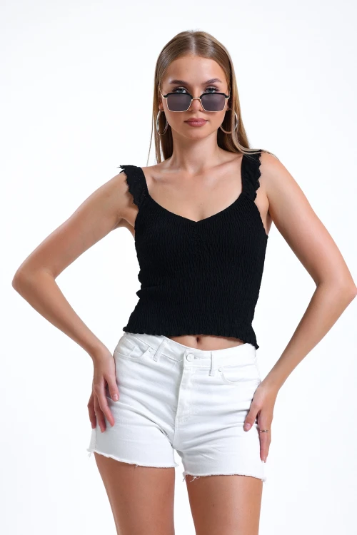 İnce Askılı Kolları Fırfırlı Omzu Dantelli Likralı Crop Bluz İZ26U