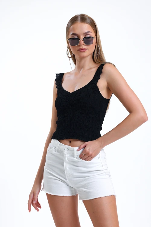 İnce Askılı Kolları Fırfırlı Omzu Dantelli Likralı Crop Bluz İZ26U