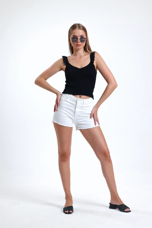 İnce Askılı Kolları Fırfırlı Omzu Dantelli Likralı Crop Bluz İZ26U