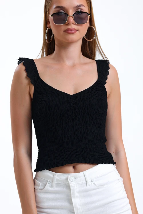 İnce Askılı Kolları Fırfırlı Omzu Dantelli Likralı Crop Bluz İZ26U