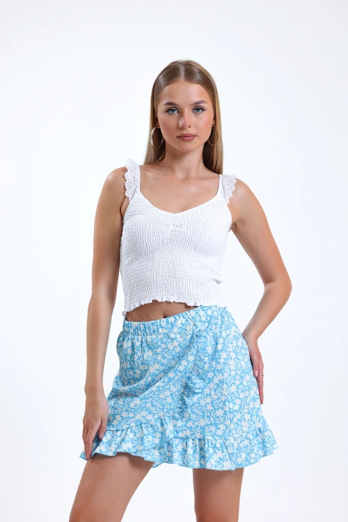 İnce Askılı Kolları Fırfırlı Omzu Dantelli Likralı Crop Bluz İZ26U