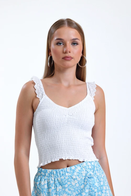 İnce Askılı Kolları Fırfırlı Omzu Dantelli Likralı Crop Bluz İZ26U