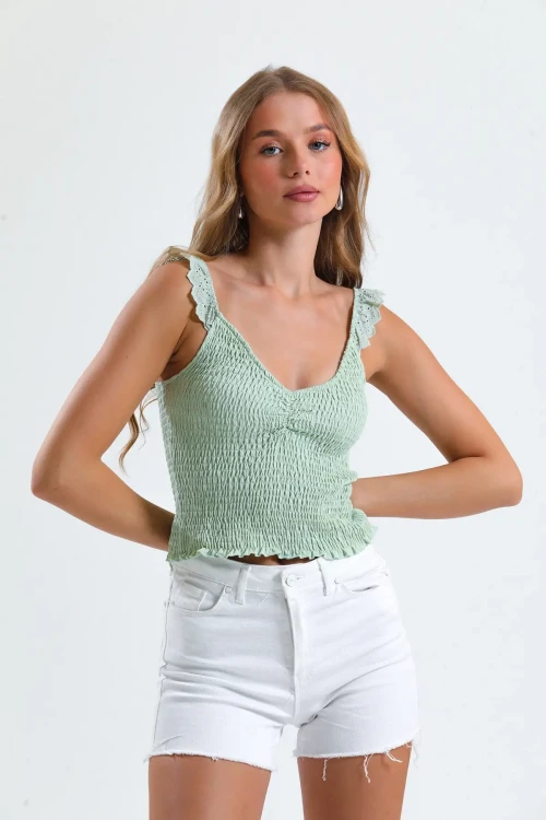 İnce Askılı Kolları Fırfırlı Omzu Dantelli Likralı Crop Bluz İZ26U