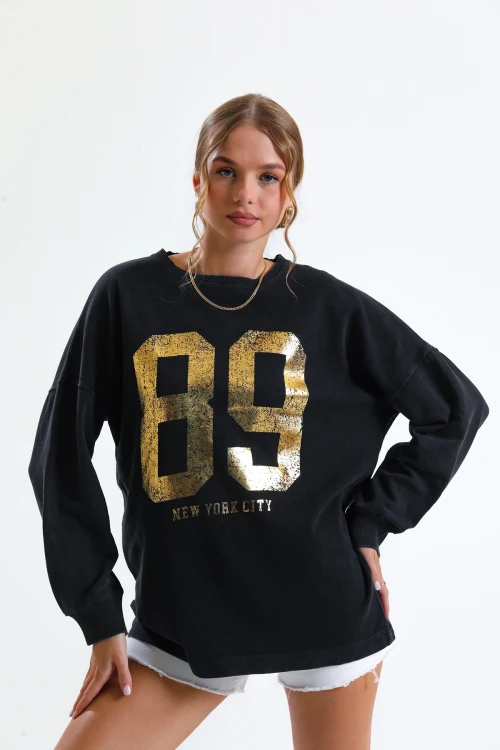 Oversize Baskılı Bisiklet Yaka Uzun Kollu Mevsimlik Asit Yıkamalı Sweatshirt 1006