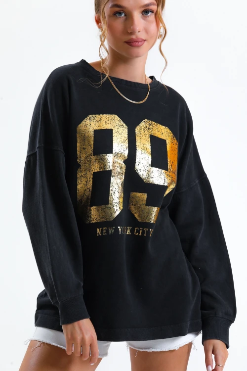 Oversize Baskılı Bisiklet Yaka Uzun Kollu Mevsimlik Asit Yıkamalı Sweatshirt 1006