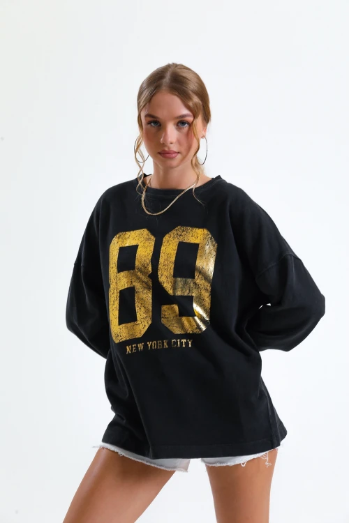Oversize Baskılı Bisiklet Yaka Uzun Kollu Mevsimlik Asit Yıkamalı Sweatshirt 1006