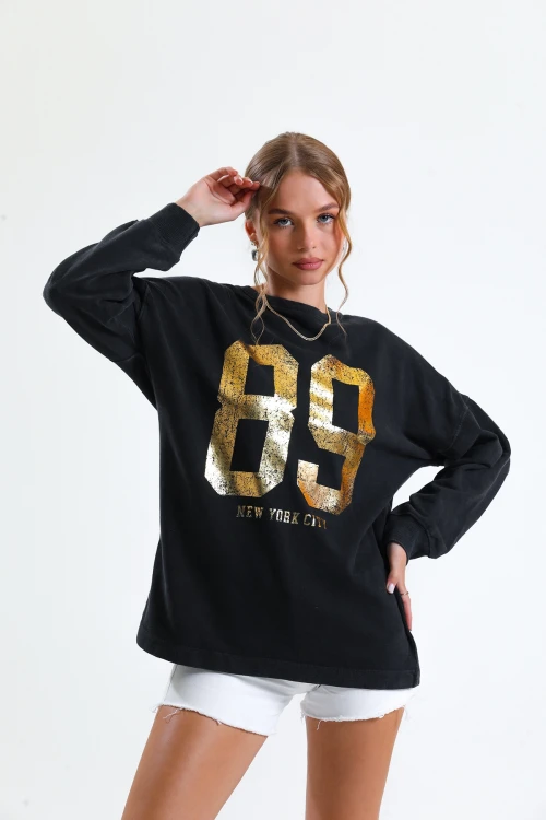 Oversize Baskılı Bisiklet Yaka Uzun Kollu Mevsimlik Asit Yıkamalı Sweatshirt 1006