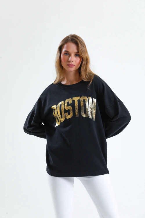 Oversize Yazı Baskılı Bisiklet Yaka Uzun Kollu Mevsimlik Asit Yıkamalı Sweatshirt 1008