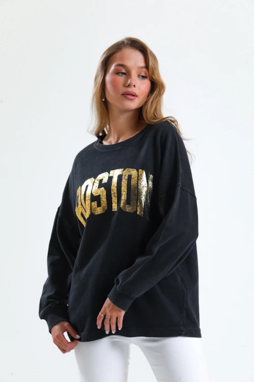 Oversize Yazı Baskılı Bisiklet Yaka Uzun Kollu Mevsimlik Asit Yıkamalı Sweatshirt 1008