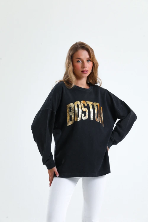 Oversize Yazı Baskılı Bisiklet Yaka Uzun Kollu Mevsimlik Asit Yıkamalı Sweatshirt 1008