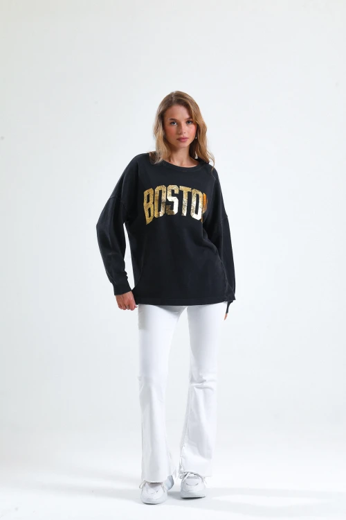 Oversize Yazı Baskılı Bisiklet Yaka Uzun Kollu Mevsimlik Asit Yıkamalı Sweatshirt 1008