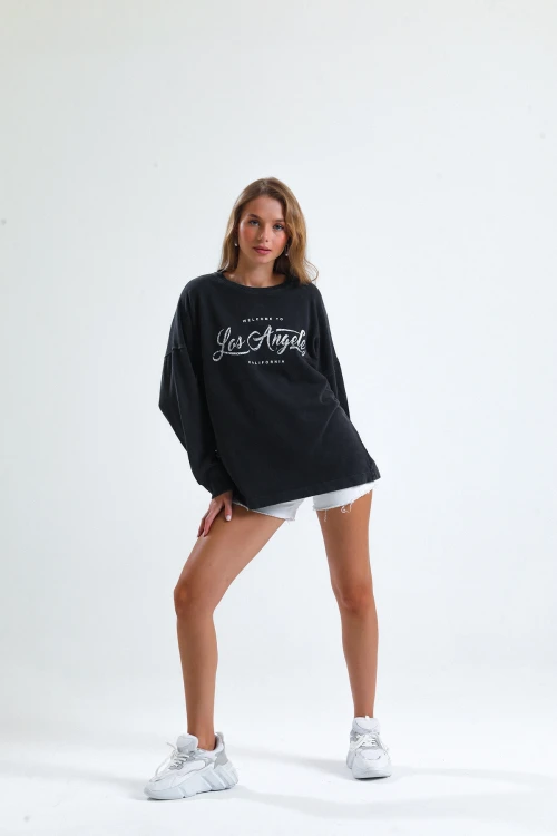Oversize Yazı Baskılı Bisiklet Yaka Uzun Kollu Mevsimlik Asit Yıkamalı Sweatshirt 1009
