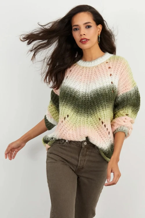 Renk Geçişli Bisiklet Yaka Uzun Balon Kol Triko Kazak IHR-23Y-IZ3024