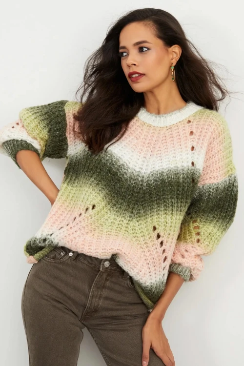 Renk Geçişli Bisiklet Yaka Uzun Balon Kol Triko Kazak IHR-23Y-IZ3024