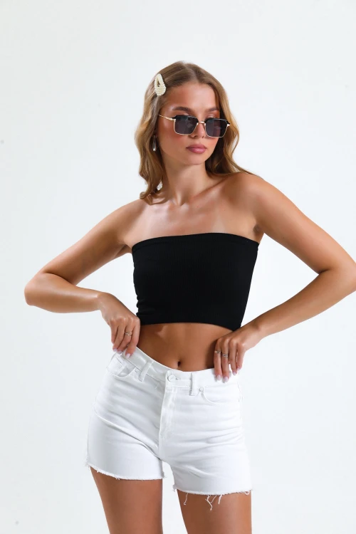 Straplez Kesim Normal Kalıp Esnek Kumaş Crop Bluz