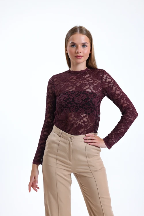Transparan Detaylı Dantelli Uzun Kollu Astarsız İnce Bluz IHR-23Y-12402374