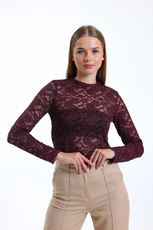 Transparan Detaylı Dantelli Uzun Kollu Astarsız İnce Bluz IHR-23Y-12402374