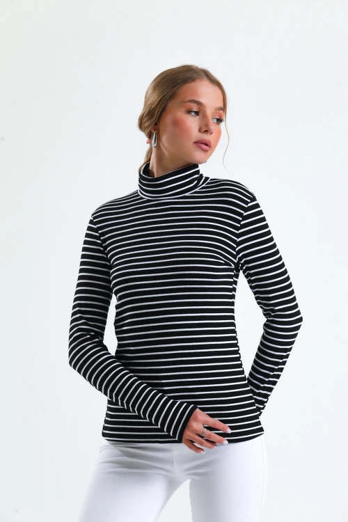 Uzun Kollu Boğazlı İnce Çizgili Normal Kalıp Triko Bluz İZ12010335