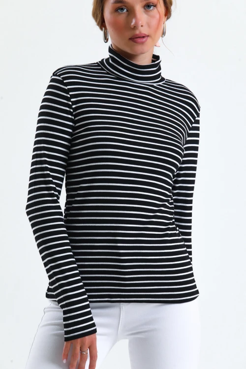 Uzun Kollu Boğazlı İnce Çizgili Normal Kalıp Triko Bluz İZ12010335