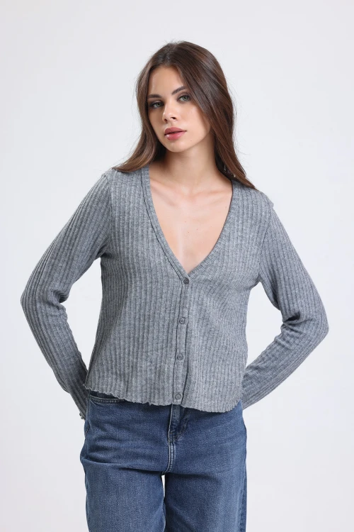 V Yaka Önü Düğmeli Kısa Kesim Uzun Kollu Örme Hırka