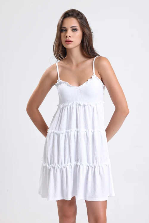 Ayarlanabilir Askılı Fırfır Detaylı Kat Kat Mini Esnek Elbise 66505644