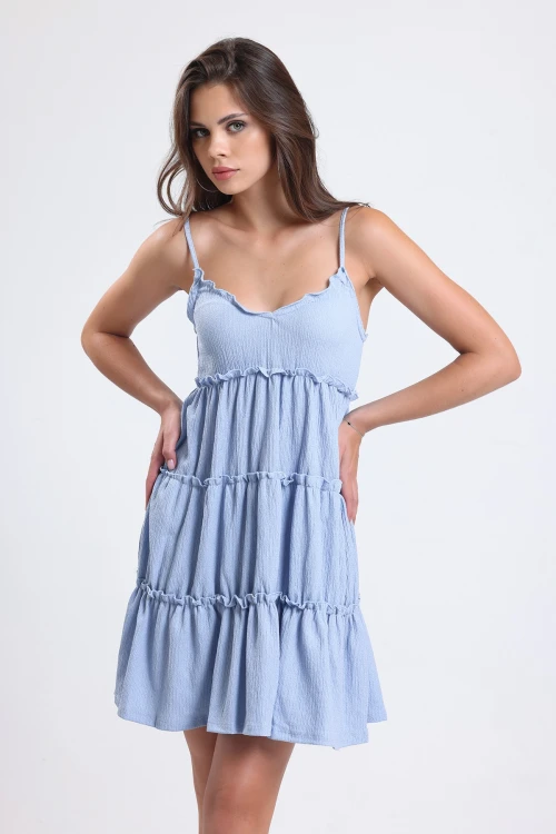 Ayarlanabilir Askılı Fırfır Detaylı Kat Kat Mini Esnek Elbise 66505644