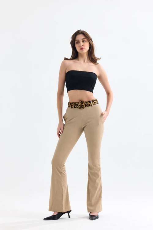 Beli Lastikli Kadife Kumaştan Cepli Kemerli İspanyol Paça Pantolon