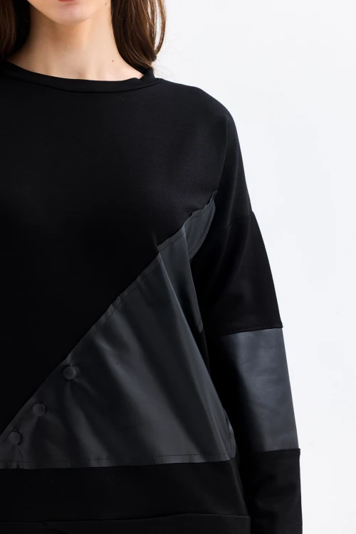 Bisiklet Yaka Uzun Kollu Düğme ve Deri Detaylı Sweatshirt