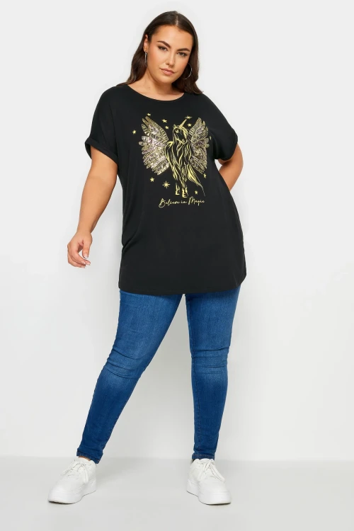 Büyük Beden Bisiklet Yaka Kısa Kollu Metalik Baskılı T-shirt 302894
