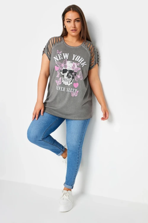 Büyük Beden Bisiklet Yaka Kol ve Omuz Detaylı Baskılı T-shirt 303138