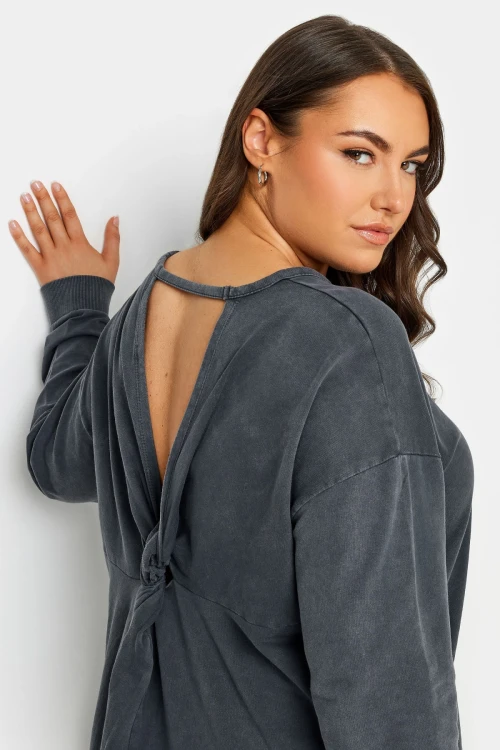 Büyük Beden Bisiklet Yaka Sırt Detaylı Uzun Kollu Yıkamalı Sweatshirt 302775