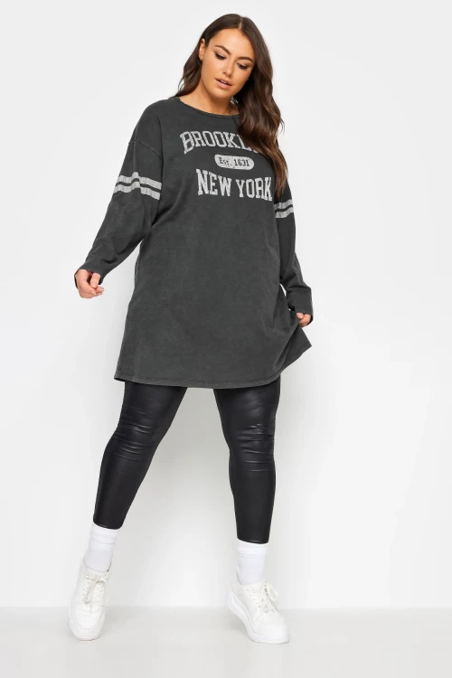 Büyük Beden Bisiklet Yaka Uzun Kollu Baskılı Yıkamalı T-shirt 302843