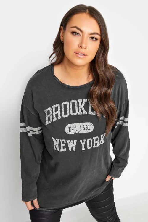 Büyük Beden Bisiklet Yaka Uzun Kollu Baskılı Yıkamalı T-shirt 302843