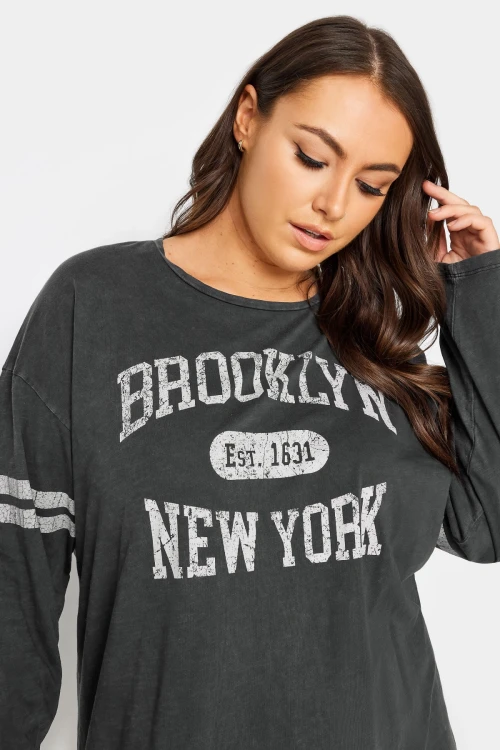 Büyük Beden Bisiklet Yaka Uzun Kollu Baskılı Yıkamalı T-shirt 302843