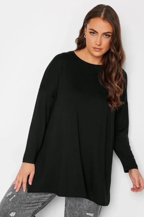 Büyük Beden Bisiklet Yaka Yırtmaç Detaylı Uzun Kollu Oversize Bluz 321292