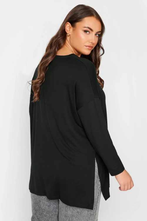 Büyük Beden Bisiklet Yaka Yırtmaç Detaylı Uzun Kollu Oversize Bluz 321292