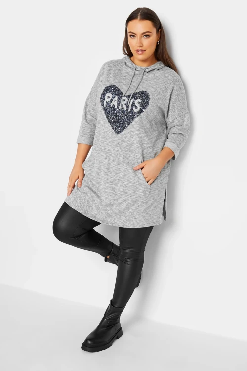 Büyük Beden Kapüşonlu Yırtmaç Detaylı Önü Cepli Payet İşlemeli Uzun Kollu Sweatshirt 301644