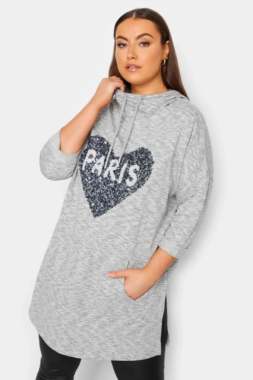 Büyük Beden Kapüşonlu Yırtmaç Detaylı Önü Cepli Payet İşlemeli Uzun Kollu Sweatshirt 301644
