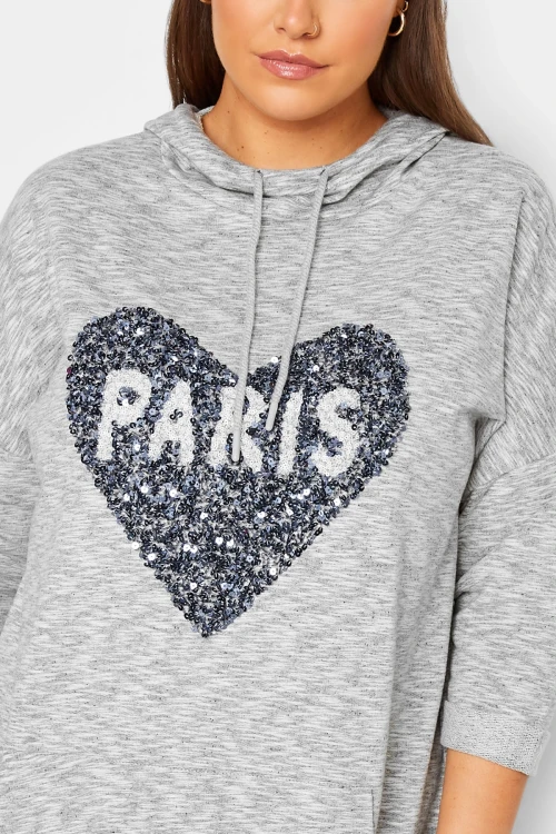 Büyük Beden Kapüşonlu Yırtmaç Detaylı Önü Cepli Payet İşlemeli Uzun Kollu Sweatshirt 301644