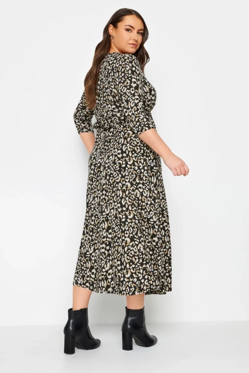 Büyük Beden Leopar Desenli Beli Kuşaklı Kruvaze Yaka Uzun Elbise 302693