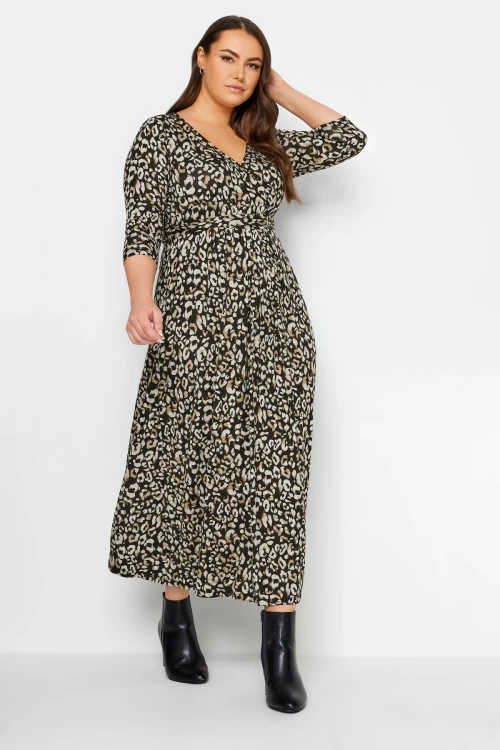 Büyük Beden Leopar Desenli Beli Kuşaklı Kruvaze Yaka Uzun Elbise 302693