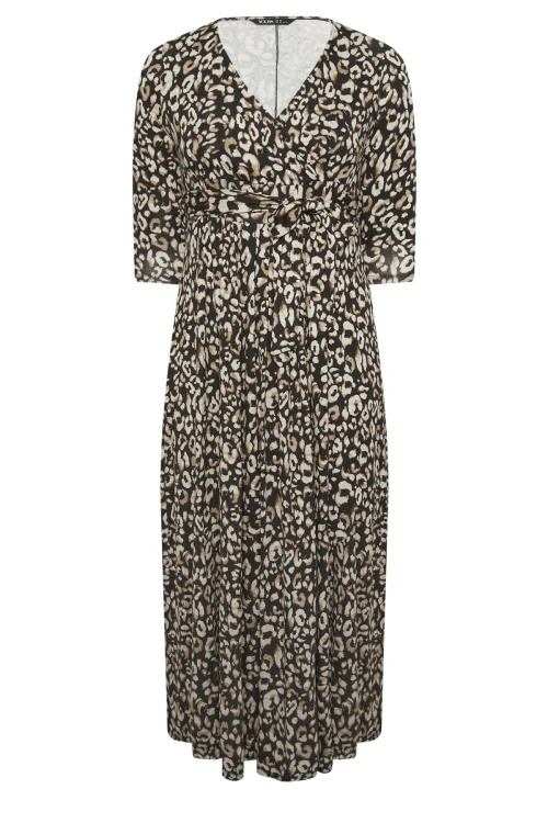 Büyük Beden Leopar Desenli Beli Kuşaklı Kruvaze Yaka Uzun Elbise 302693