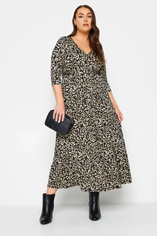Büyük Beden Leopar Desenli Beli Kuşaklı Kruvaze Yaka Uzun Elbise 302693