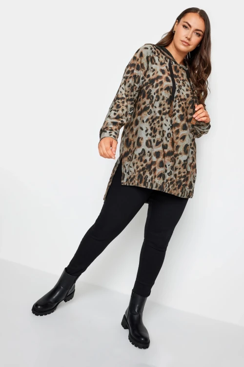 Büyük Beden Leopar Desenli Uzun Kollu Yırtmaç Detaylı Kapüşonlu Sweatshirt 302654