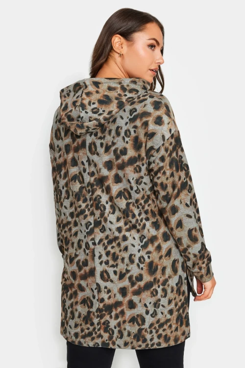 Büyük Beden Leopar Desenli Uzun Kollu Yırtmaç Detaylı Kapüşonlu Sweatshirt 302654