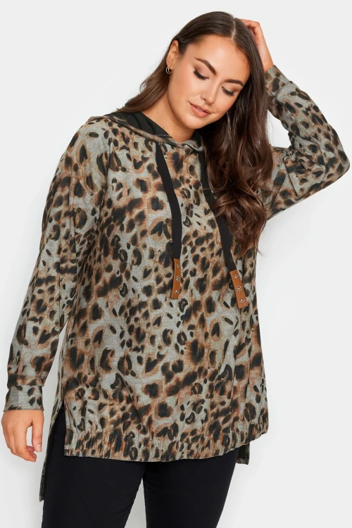 Büyük Beden Leopar Desenli Uzun Kollu Yırtmaç Detaylı Kapüşonlu Sweatshirt 302654