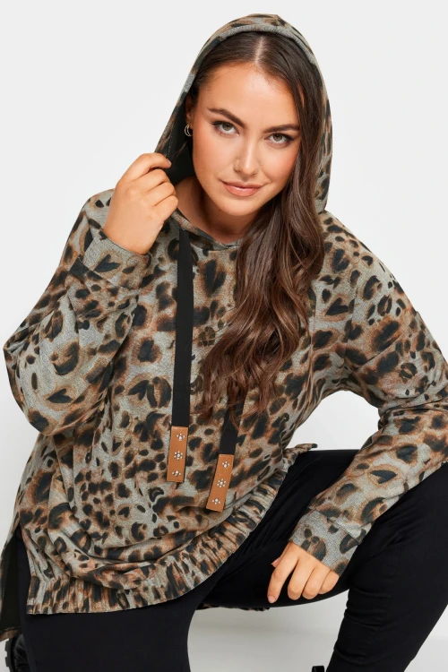 Büyük Beden Leopar Desenli Uzun Kollu Yırtmaç Detaylı Kapüşonlu Sweatshirt 302654